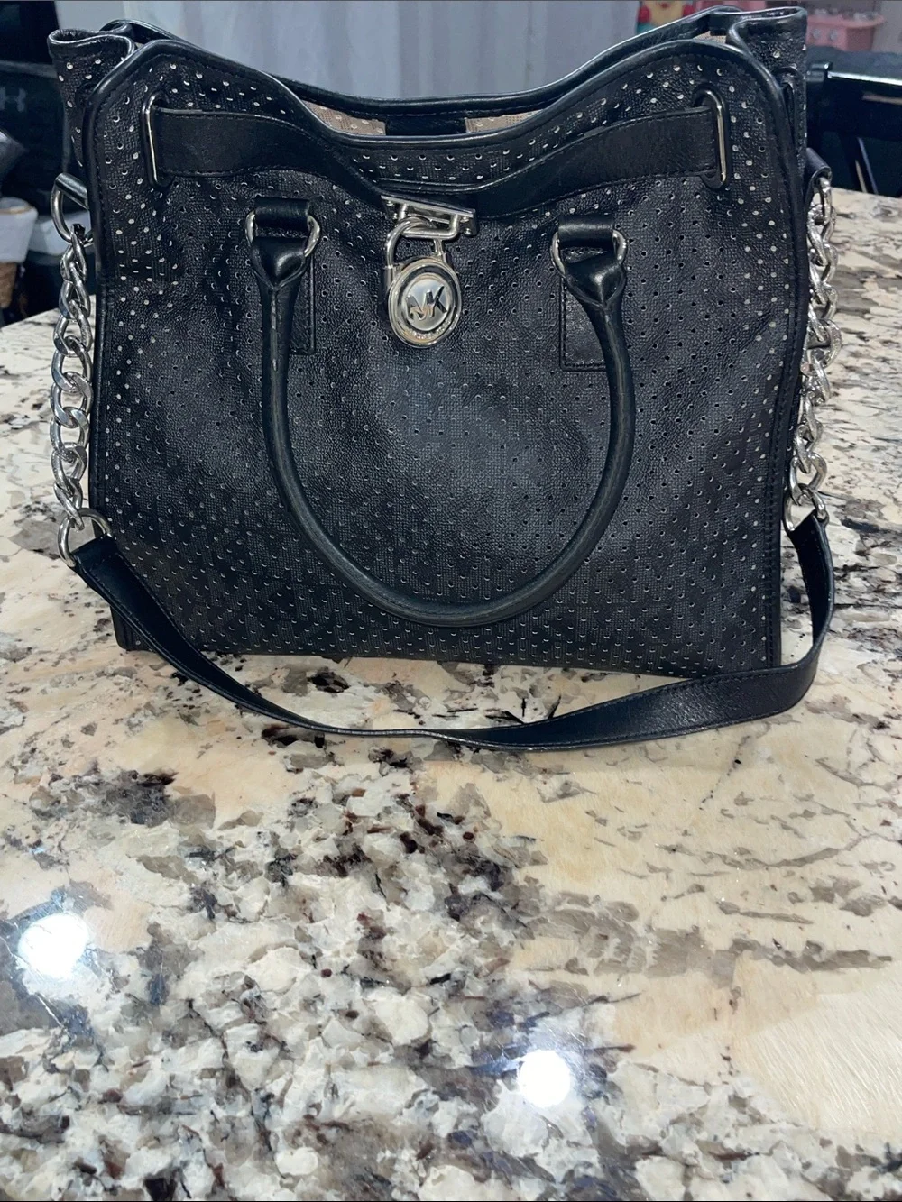MICHAEL Michael Kors Black Perforated Leather Tote with Silver Hardware